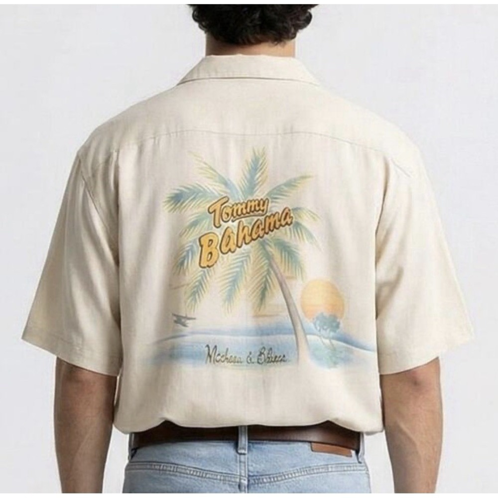 Vintage Tommy Bahama Embroidered 100% Silk Hawaiin Martinis & Bikinis Shirt Sz L - Picture 1 of 12